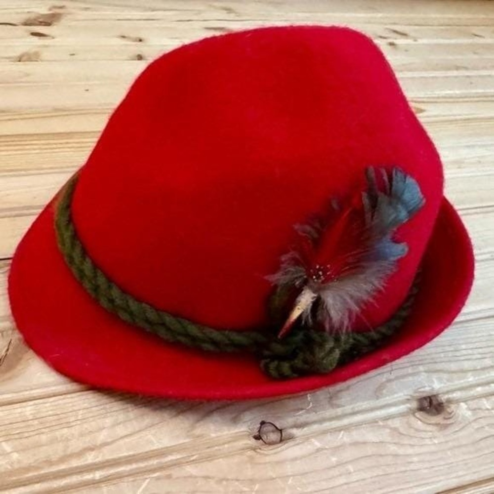 German Tyrol Hat Octoberfest Lodenhut Alpine Red Feather 50 VTG Scandi Felt